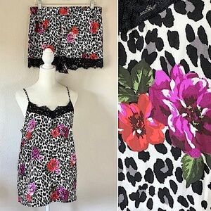 Satin PJ Set Camisole Tank Top & Shorts Floral Animal Print Lace Valentine's M/L